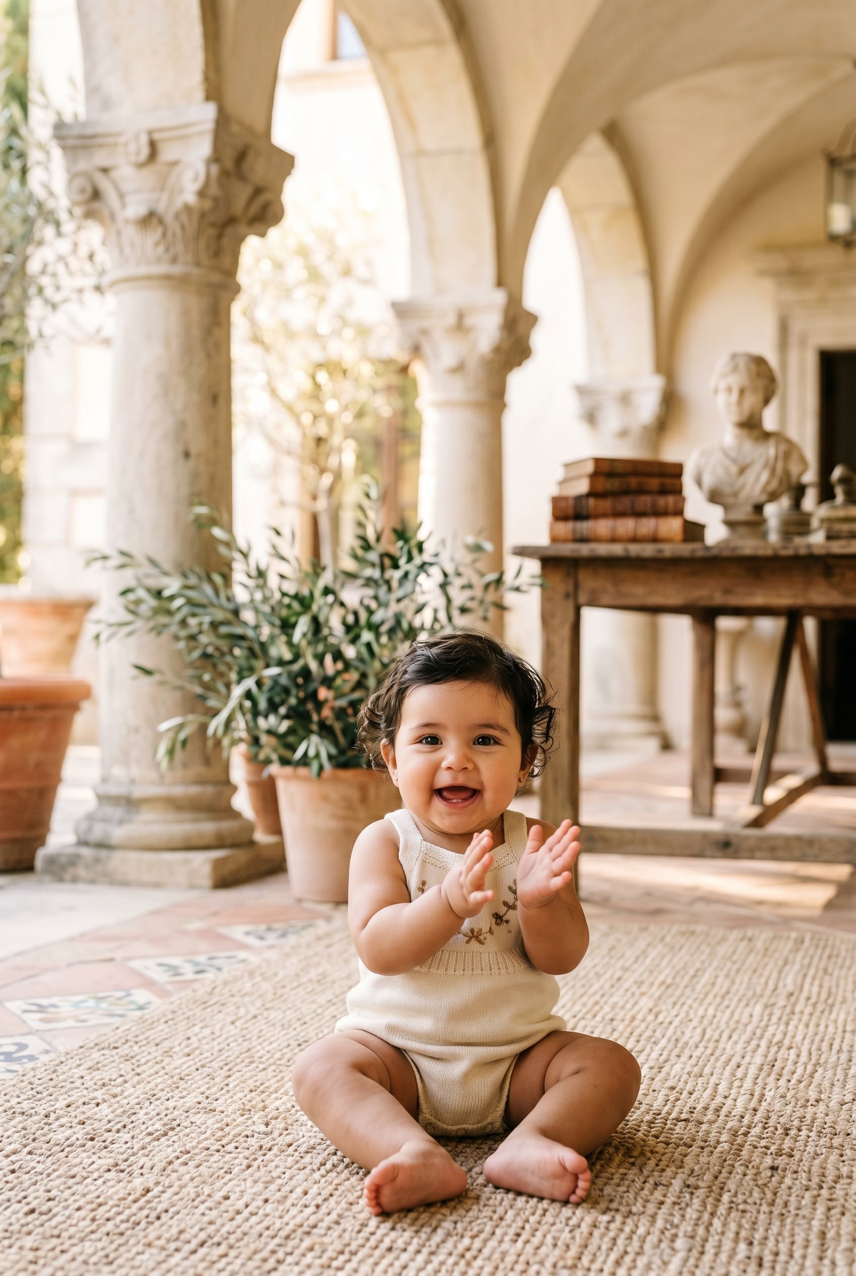 Baby Girl in a sunlit villa courtyard with classical stone columns and arches — 200+ Latin Baby Girl Names That Are Classic and Timeless