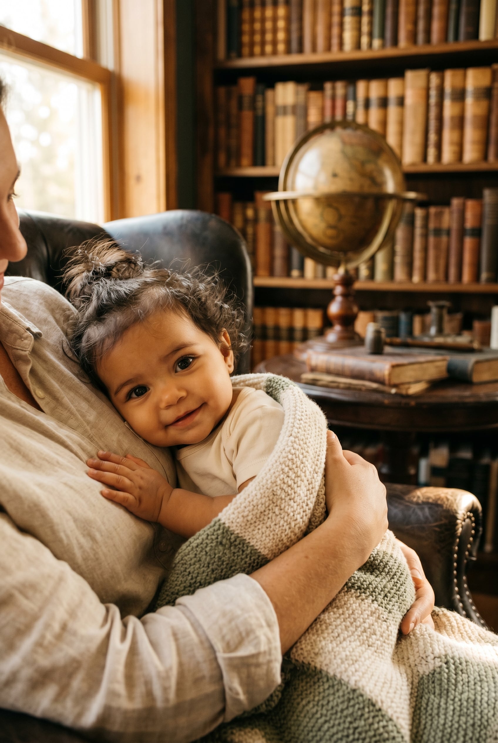 Baby Girl in a warm vintage study nook with leather chair and bookshelves — 200+ Light Academia Baby Names for the Cozy Scholar Aesthetic