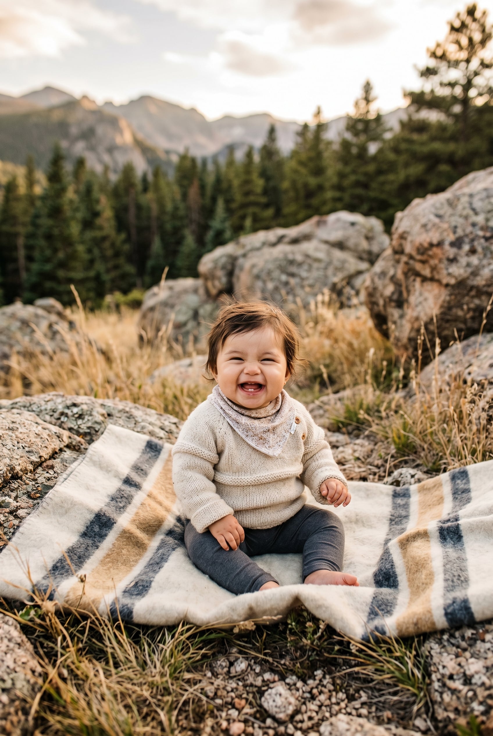Baby in a rugged mountain foothill with granite boulders and evergreen backdrop — Mountain Baby Names With Granite Strength
