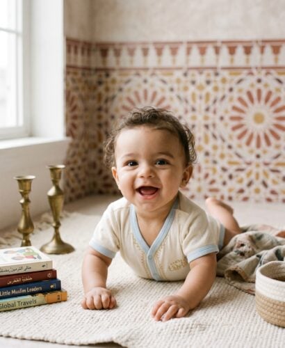 Baby Boy in a softly styled studio with Islamic geometric tile-pattern backdrop — 250+ Muslim Baby Boy Names — Strong, Meaningful, and Globally Loved