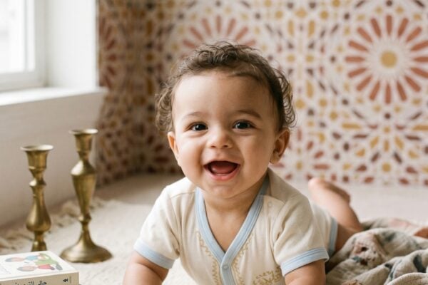 Baby Boy in a softly styled studio with Islamic geometric tile-pattern backdrop — 250+ Muslim Baby Boy Names — Strong, Meaningful, and Globally Loved