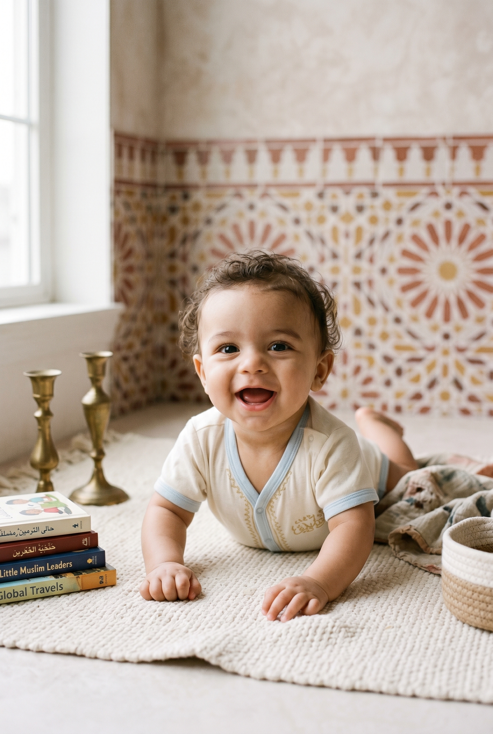 Baby Boy in a softly styled studio with Islamic geometric tile-pattern backdrop — 250+ Muslim Baby Boy Names — Strong, Meaningful, and Globally Loved