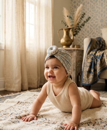 Baby Girl in an elegant corner with Islamic geometric patterns and warm brass accents — 250+ Muslim Baby Girl Names — Beautiful, Meaningful, and Timeless