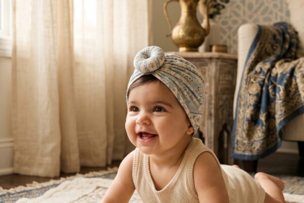 Baby Girl in an elegant corner with Islamic geometric patterns and warm brass accents — 250+ Muslim Baby Girl Names — Beautiful, Meaningful, and Timeless