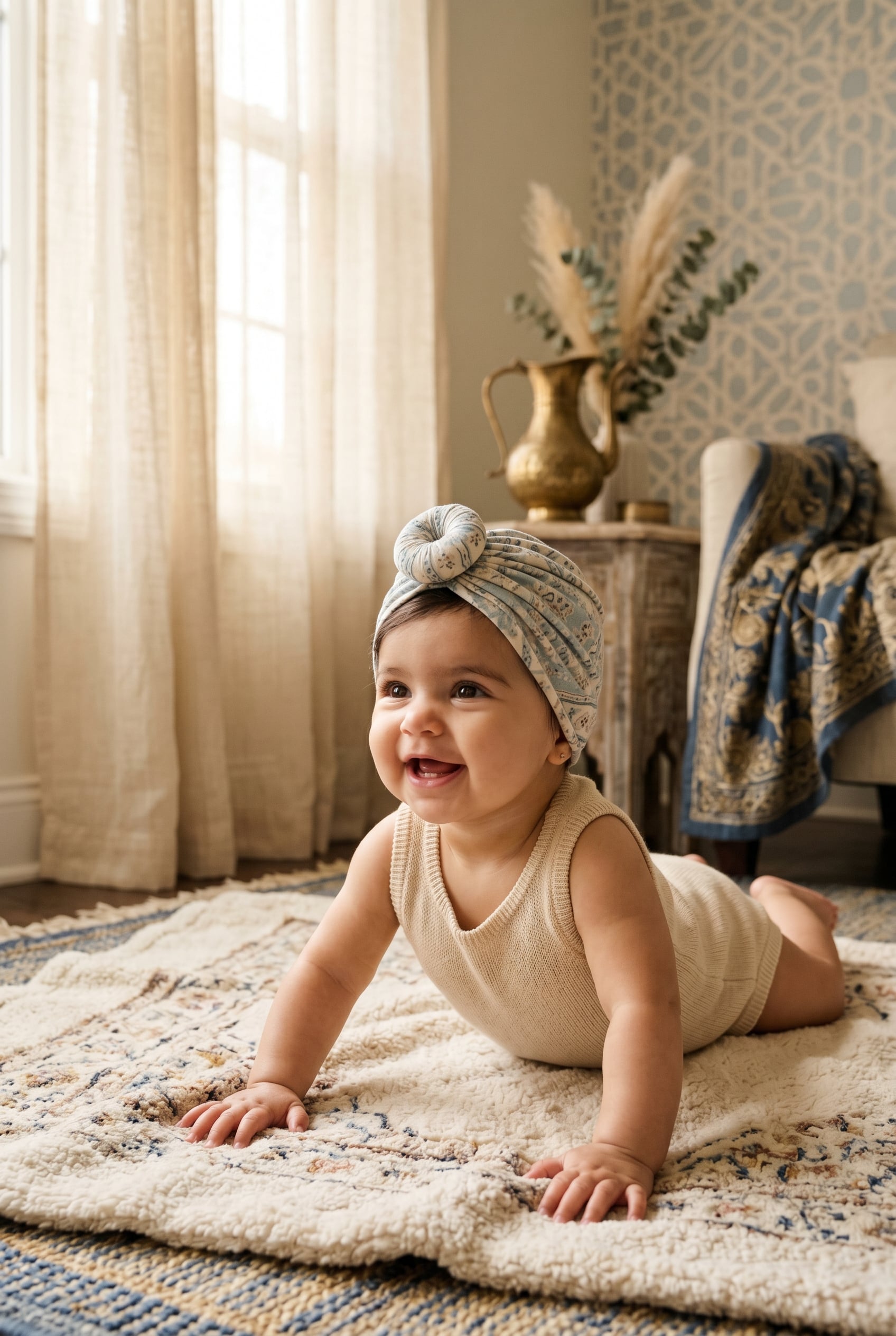Baby Girl in an elegant corner with Islamic geometric patterns and warm brass accents — 250+ Muslim Baby Girl Names — Beautiful, Meaningful, and Timeless
