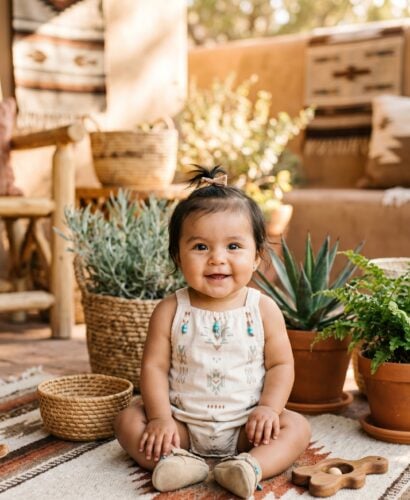 Baby Girl in a sunlit patio with native plants and woven textiles — 200+ Native American Baby Names Honoring Indigenous Heritage