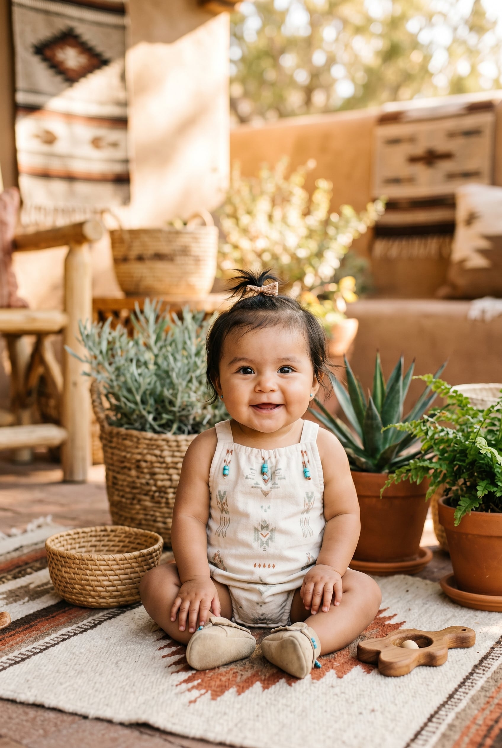 Baby Girl in a sunlit patio with native plants and woven textiles — 200+ Native American Baby Names Honoring Indigenous Heritage