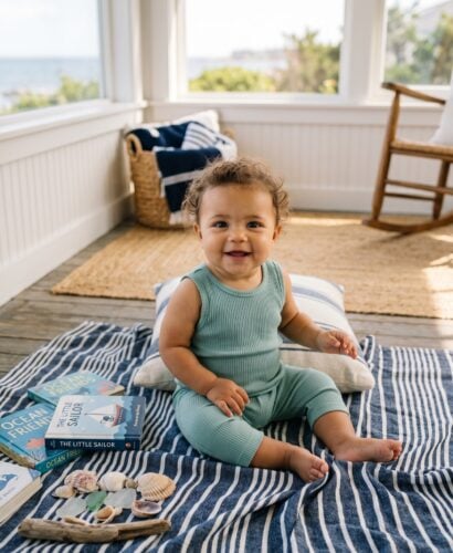 Baby Girl in a bright, airy sun room in a New England coastal cottage — 200+ New England Baby Names With Preppy Coastal Class