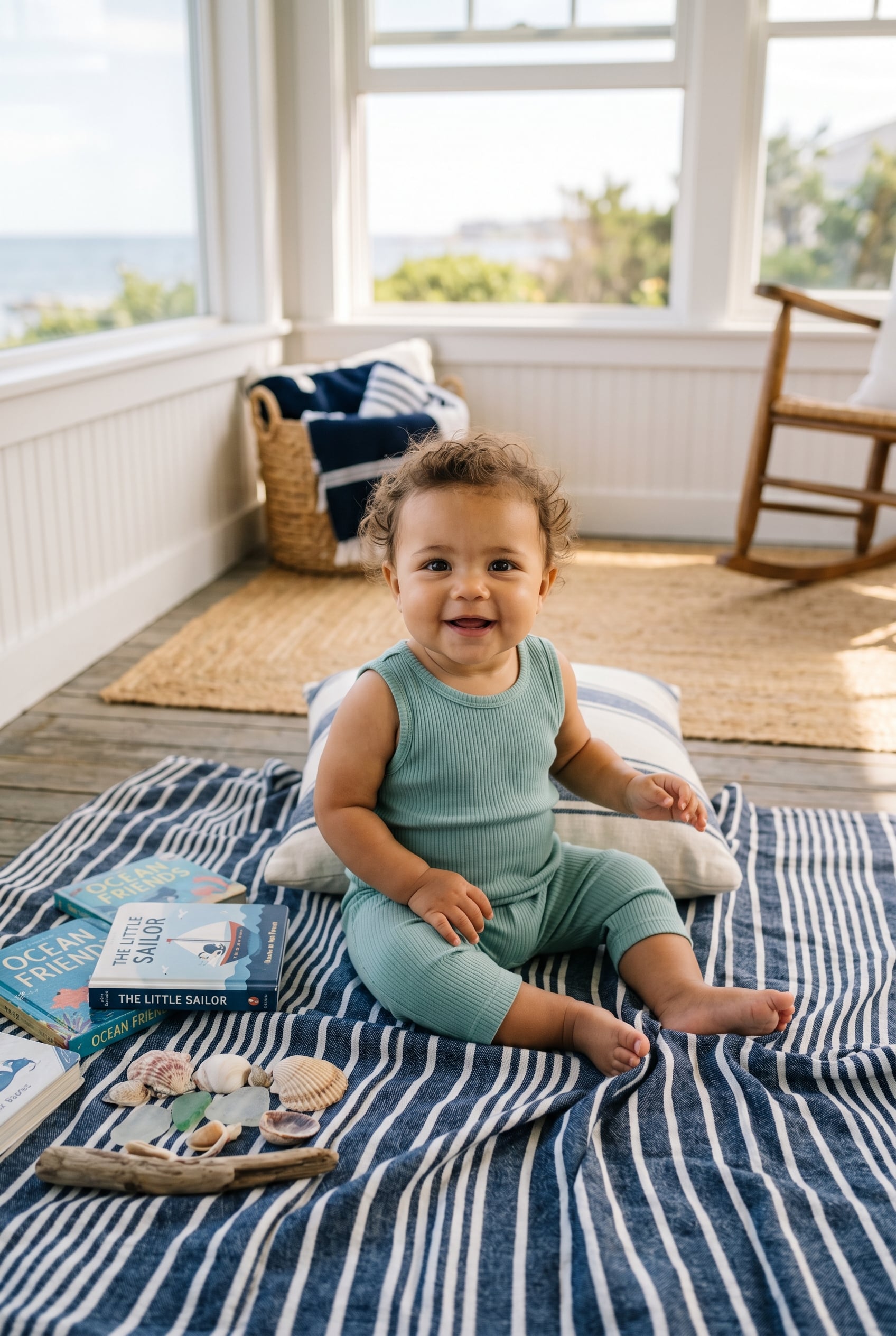 Baby Girl in a bright, airy sun room in a New England coastal cottage — 200+ New England Baby Names With Preppy Coastal Class