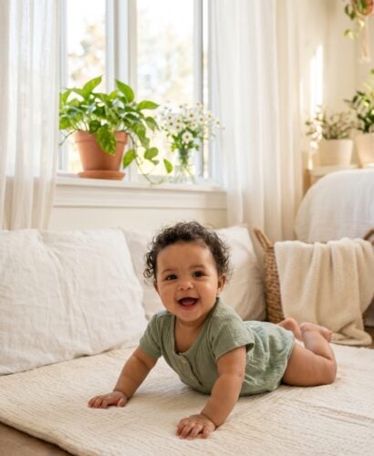 Baby in a bright corner with open window, sheer curtains, potted plants — New Year Baby Names for Fresh Starts