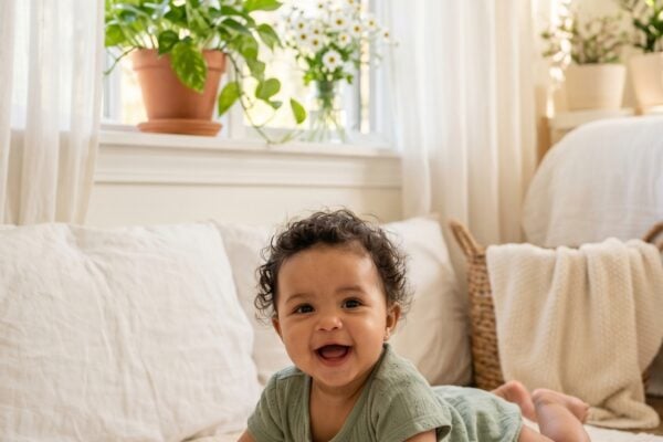 Baby in a bright corner with open window, sheer curtains, potted plants — New Year Baby Names for Fresh Starts