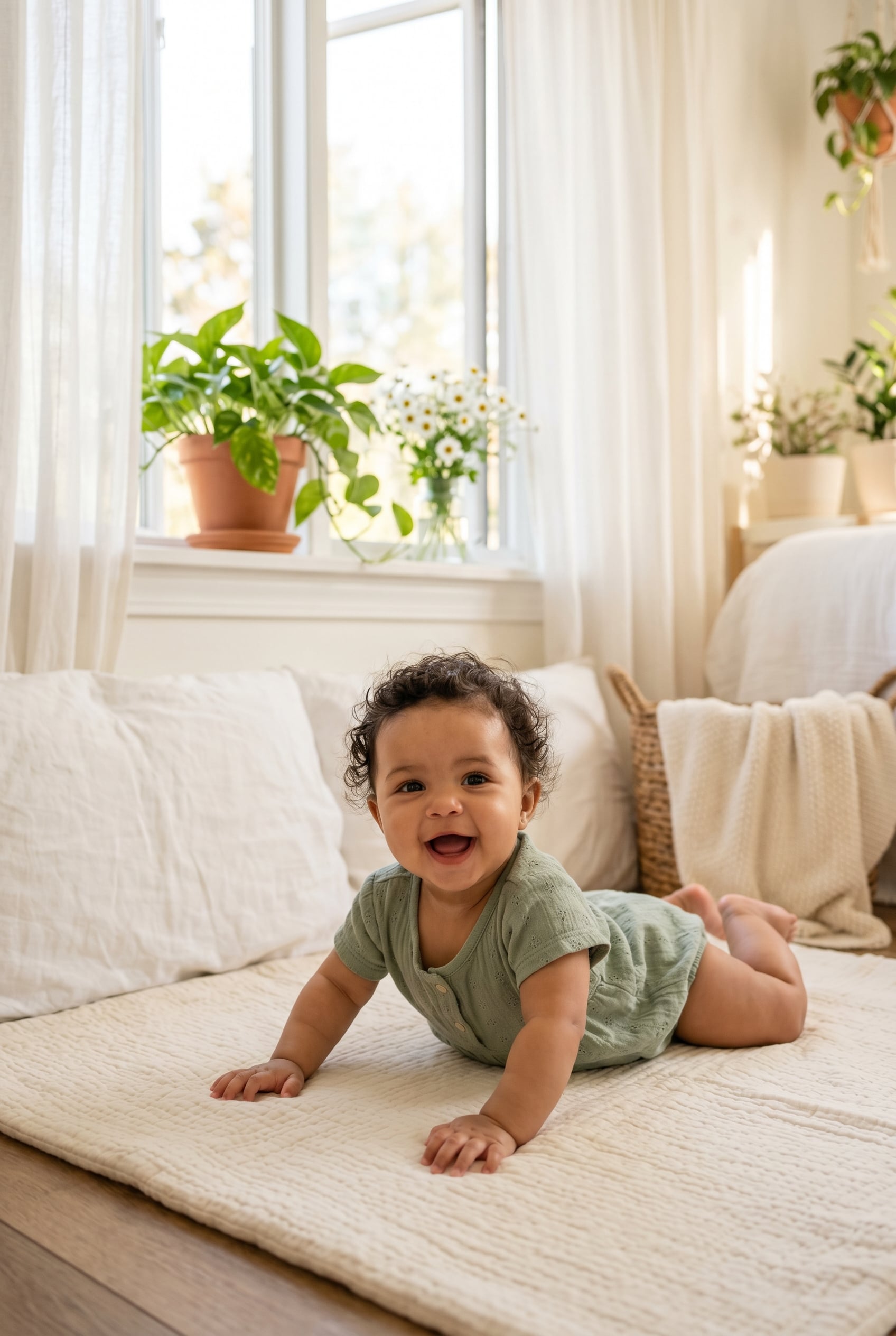 Baby in a bright corner with open window, sheer curtains, potted plants — New Year Baby Names for Fresh Starts
