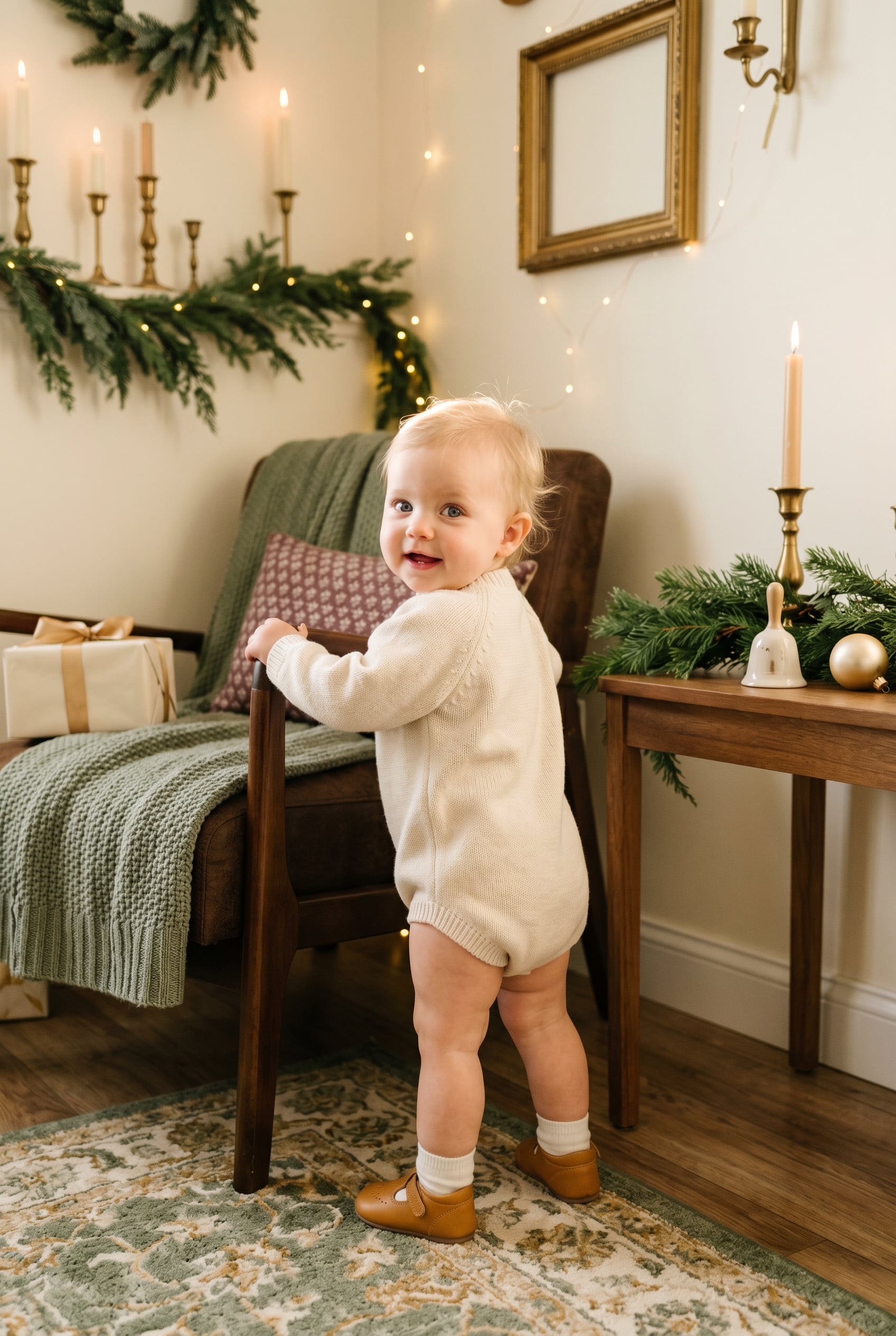 Baby in a cream-walled corner styled with soft evergreen and warm gold — Noel-Inspired Baby Names for December Babies
