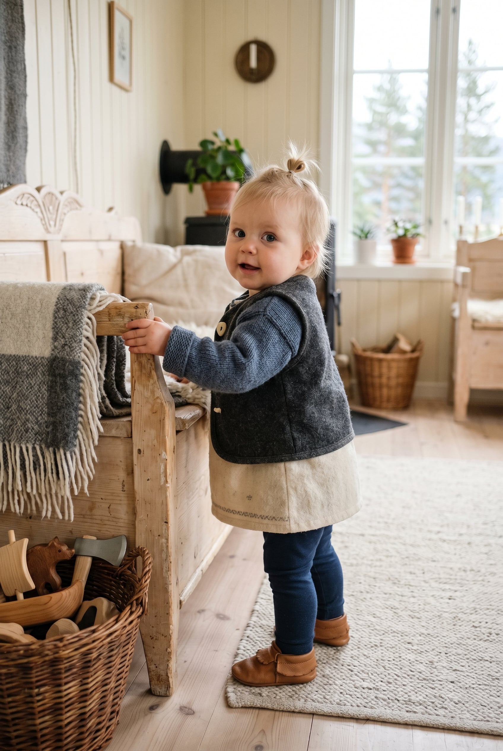 Baby Girl in a bright Scandinavian room with pale wood and cream walls — 189+ *Powerful* Norse Girl Names From Viking Lore
