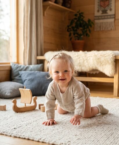 Baby Girl in a bright Scandinavian living room with natural wood details — 200+ Norse Mythology Baby Names — Epic, Ancient, and Surprisingly Wearable
