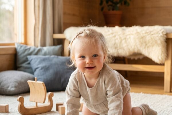 Baby Girl in a bright Scandinavian living room with natural wood details — 200+ Norse Mythology Baby Names — Epic, Ancient, and Surprisingly Wearable
