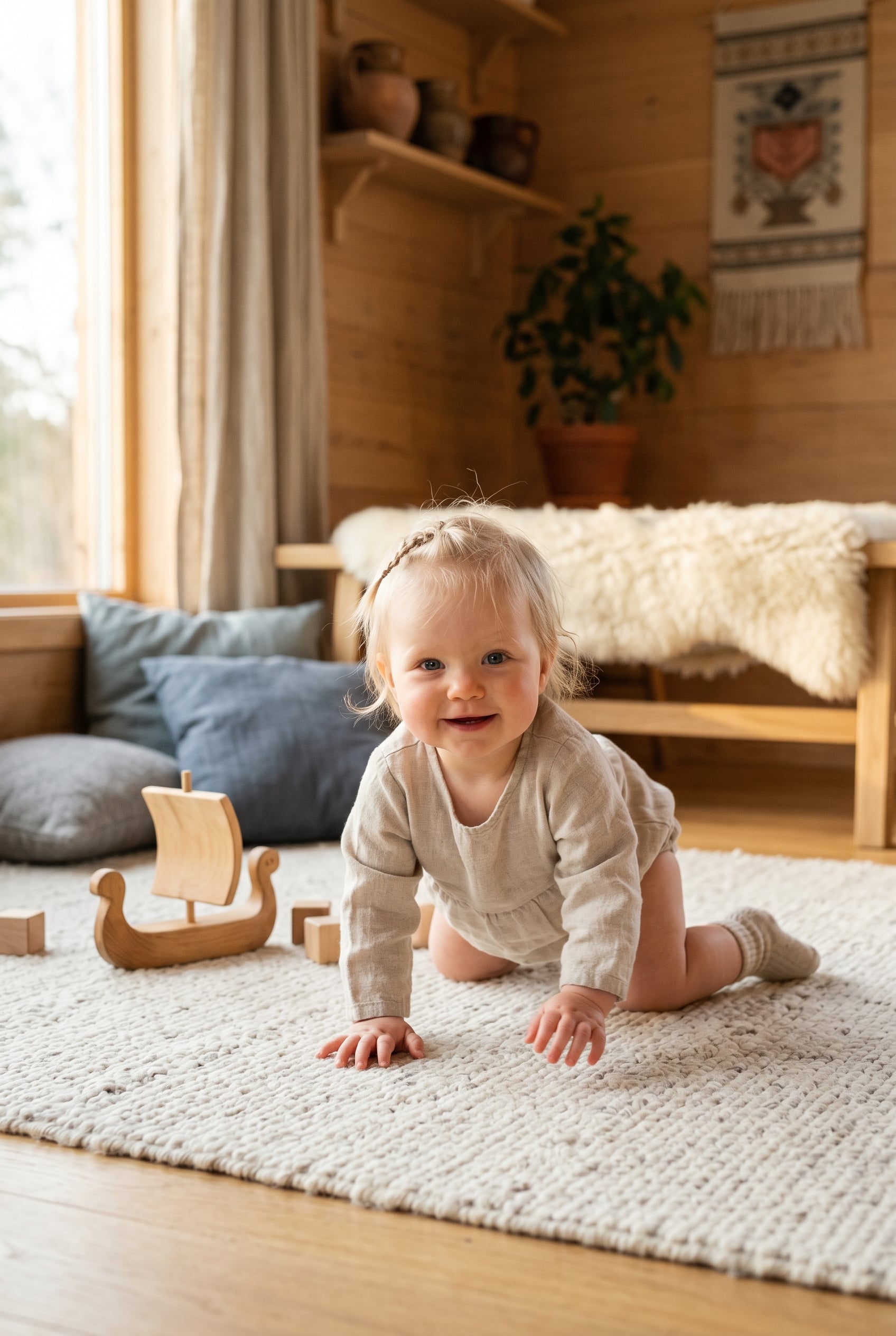 Baby Girl in a bright Scandinavian living room with natural wood details — 200+ Norse Mythology Baby Names — Epic, Ancient, and Surprisingly Wearable