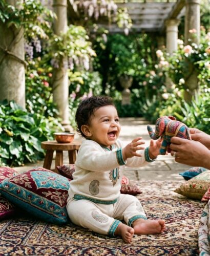 Baby Boy in a shaded garden pavilion with stone columns framed by emerald foliage — 200+ Persian Baby Boy Names With Royal and Poetic Heritage