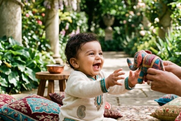 Baby Boy in a shaded garden pavilion with stone columns framed by emerald foliage — 200+ Persian Baby Boy Names With Royal and Poetic Heritage