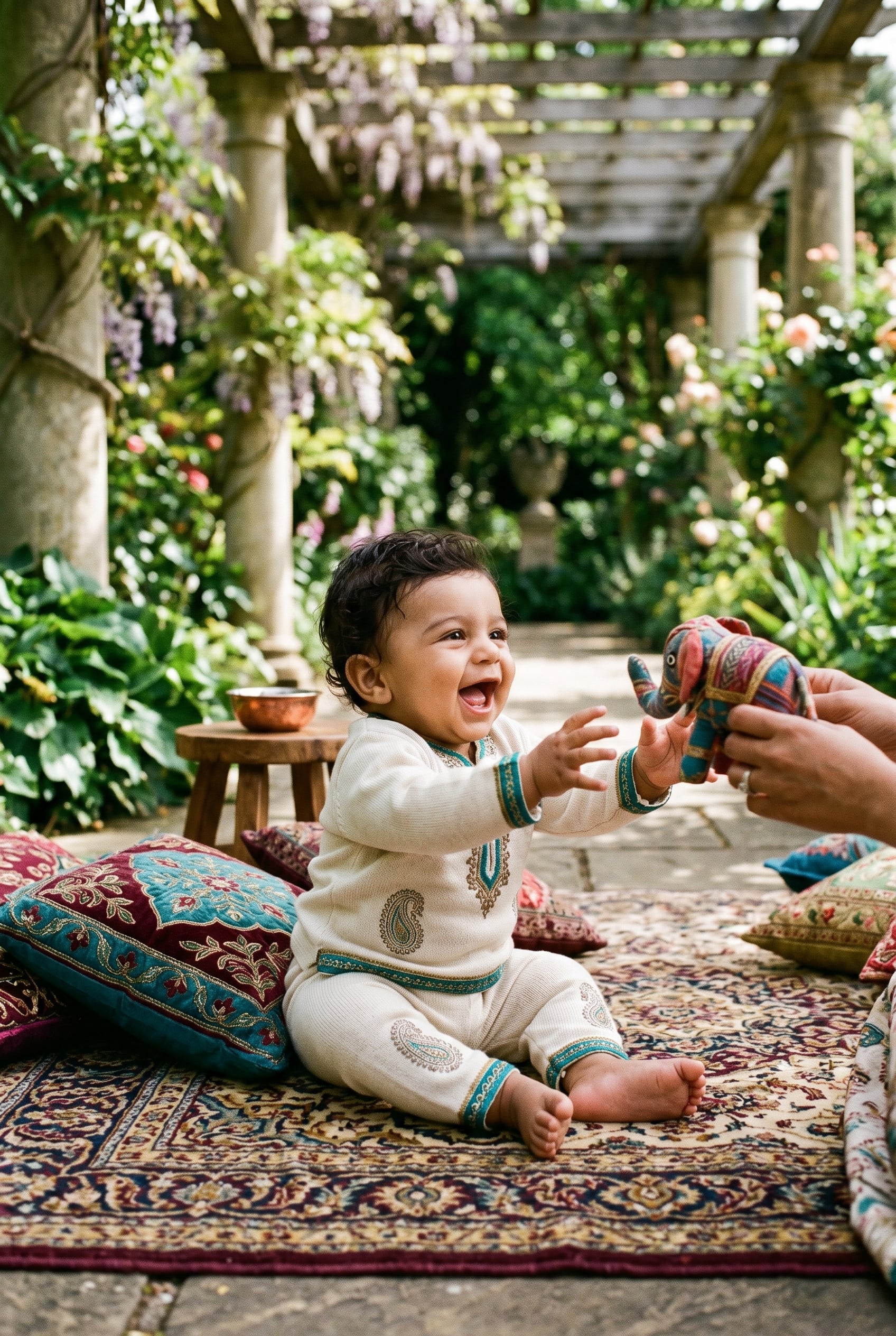 Baby Boy in a shaded garden pavilion with stone columns framed by emerald foliage — 200+ Persian Baby Boy Names With Royal and Poetic Heritage