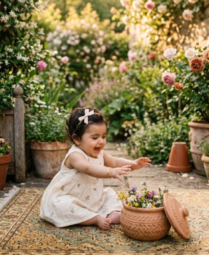 Baby Girl in a lush garden with flowering plants and warm terracotta accents — 200+ Persian Baby Girl Names That Are Poetic and Rare