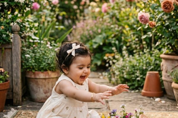 Baby Girl in a lush garden with flowering plants and warm terracotta accents — 200+ Persian Baby Girl Names That Are Poetic and Rare