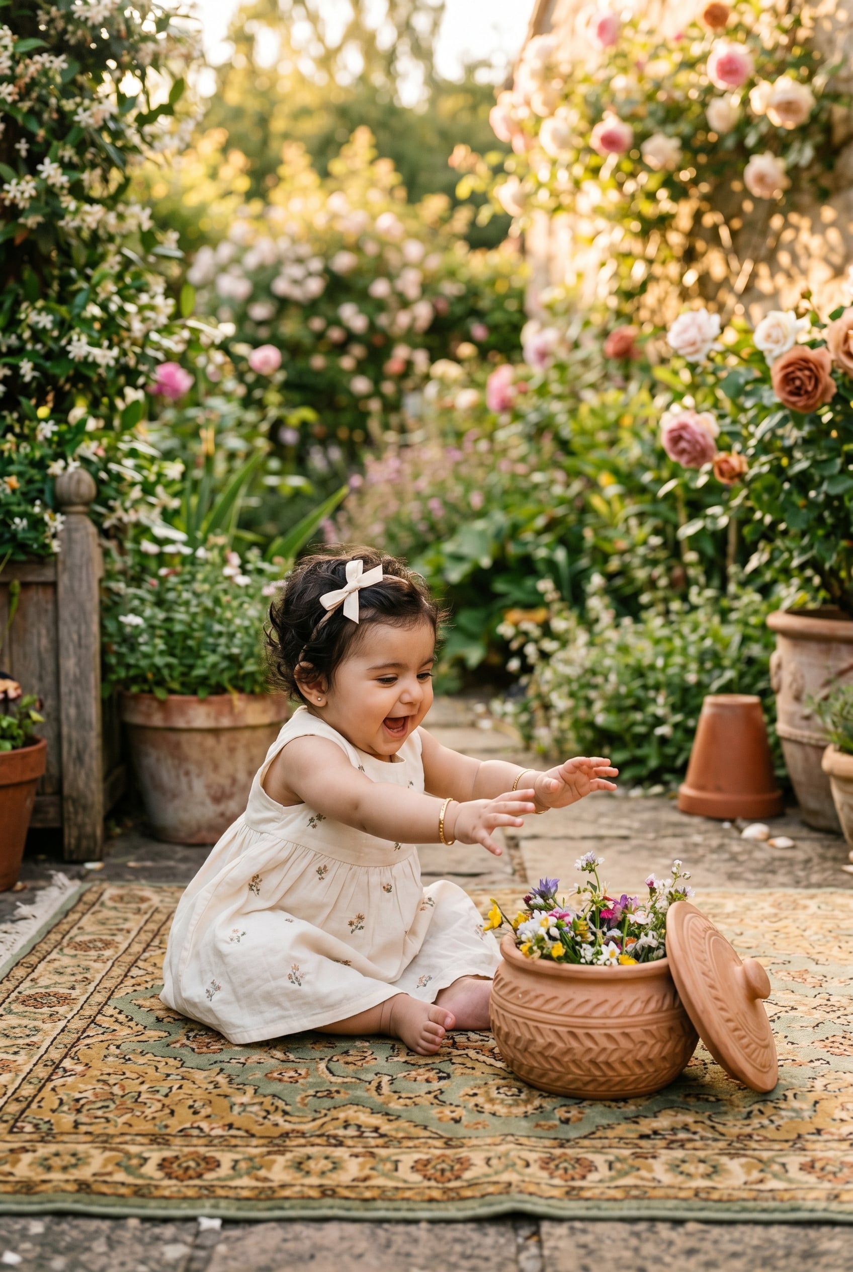 Baby Girl in a lush garden with flowering plants and warm terracotta accents — 200+ Persian Baby Girl Names That Are Poetic and Rare