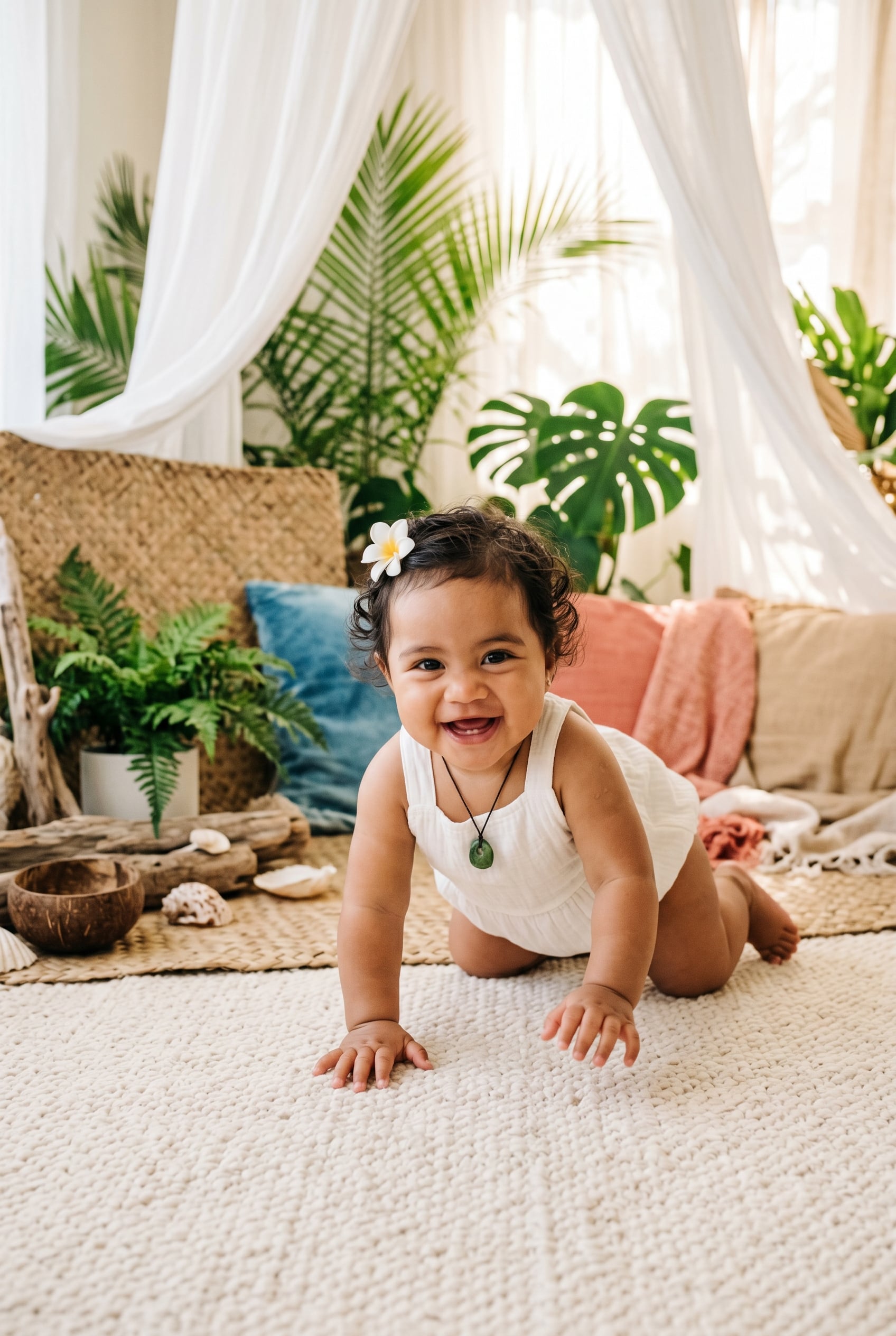 Baby Girl in a sun-warmed coastal corner with flowing fabrics and living greenery — 200+ Polynesian Baby Names Inspired by the Ocean and the Stars