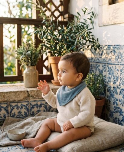 Baby Boy in a sun-drenched porch with Portuguese azulejo tiles and Mediterranean herbs — 200+ Portuguese Baby Boy Names From Lisbon to São Paulo