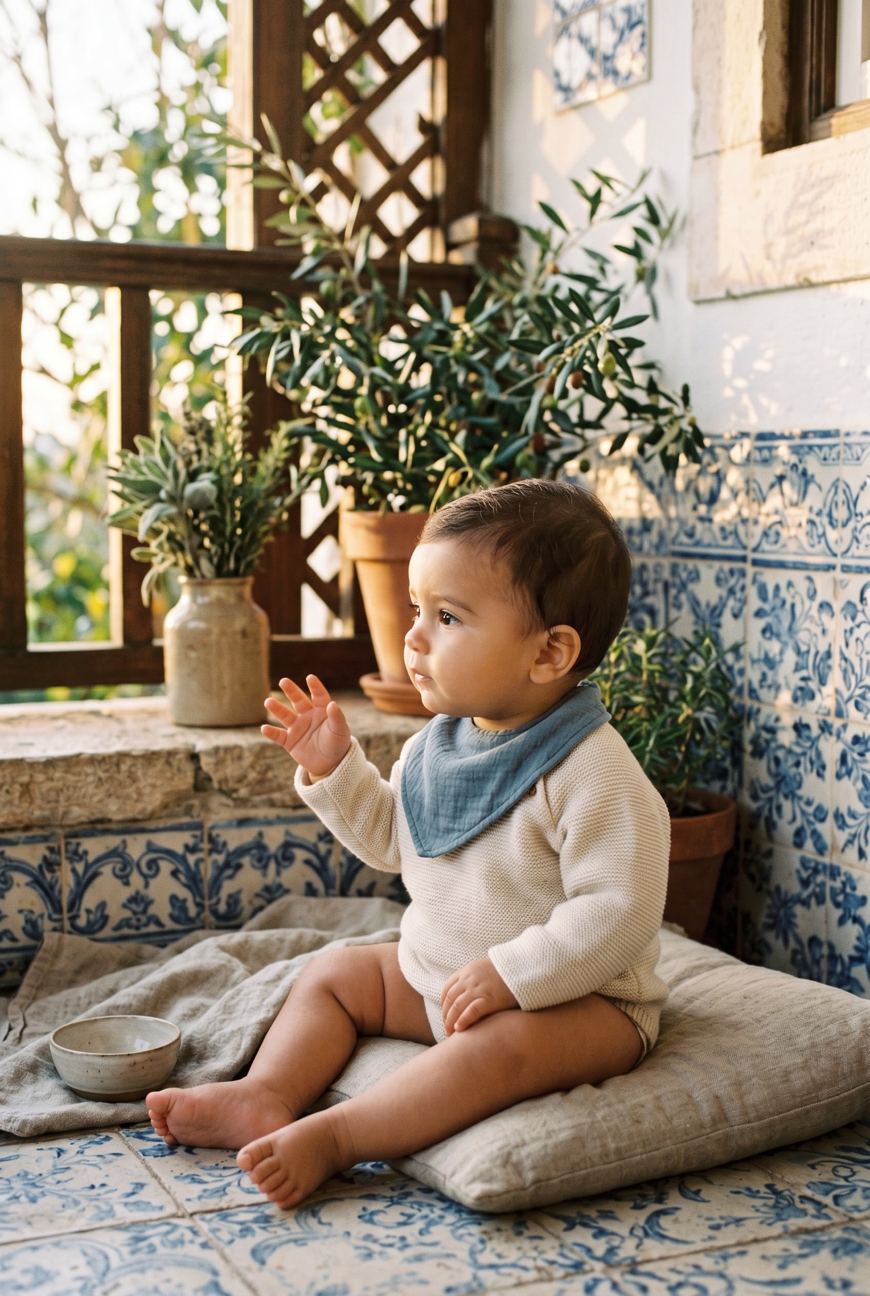 Baby Boy in a sun-drenched porch with Portuguese azulejo tiles and Mediterranean herbs — 200+ Portuguese Baby Boy Names From Lisbon to São Paulo