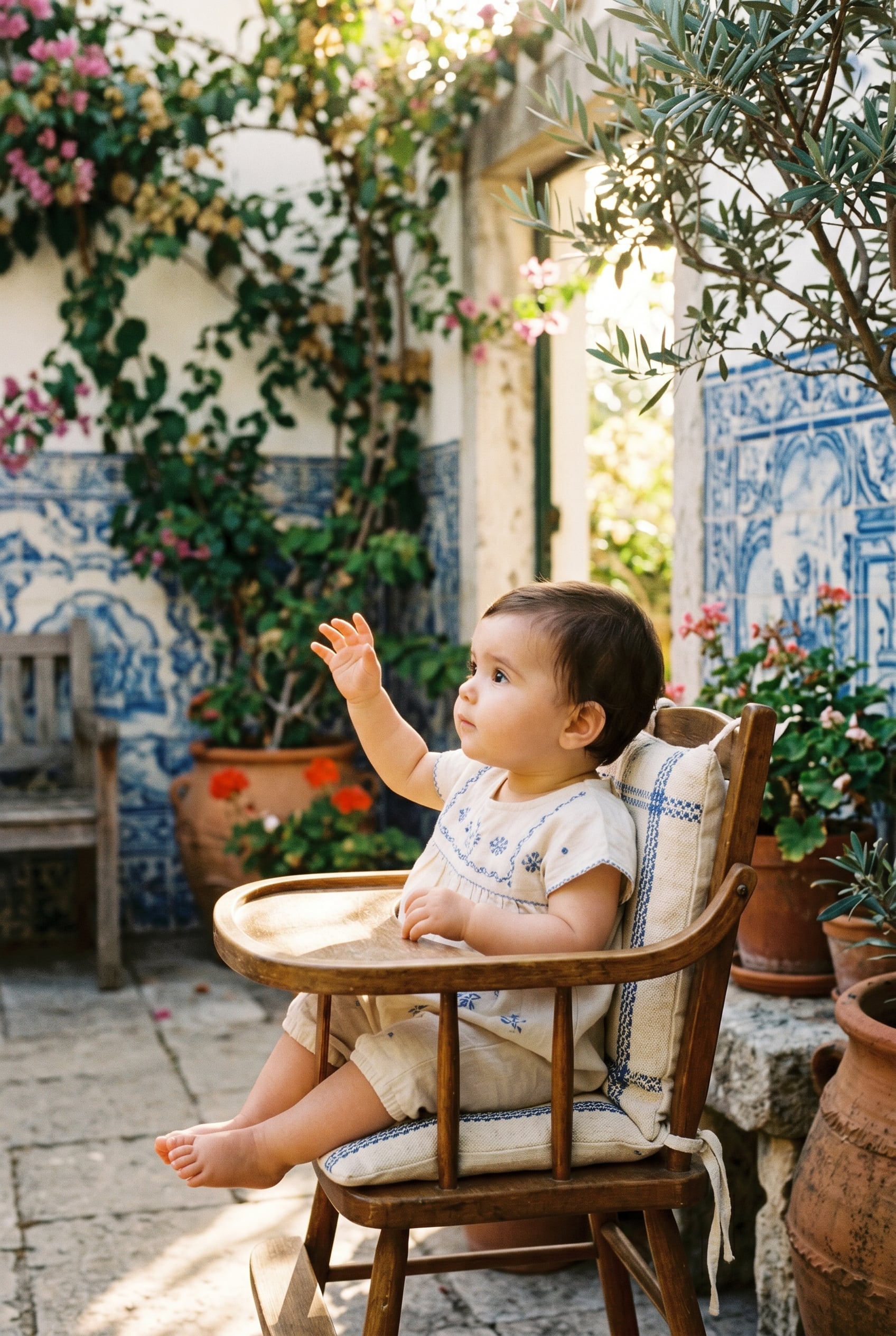 Baby Girl in a sun-drenched Mediterranean patio with Portuguese azulejo tiles — 200+ Portuguese Baby Girl Names With Romantic Lusophone Flair
