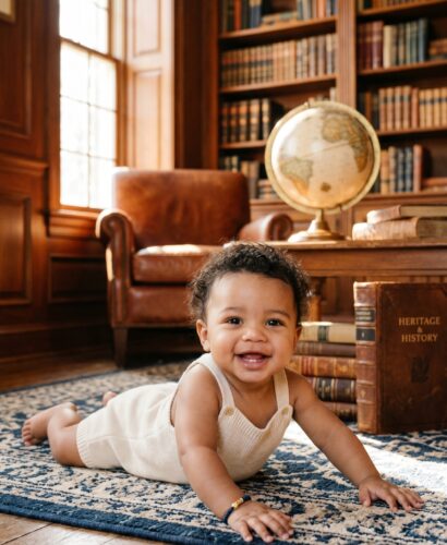 Baby Boy in a sun-drenched wood-paneled study with leather furnishings and heritage books — 200+ Preppy Boy Names With That Old-Money Ivy League Feel