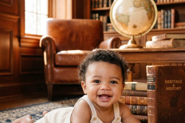 Baby Boy in a sun-drenched wood-paneled study with leather furnishings and heritage books — 200+ Preppy Boy Names With That Old-Money Ivy League Feel