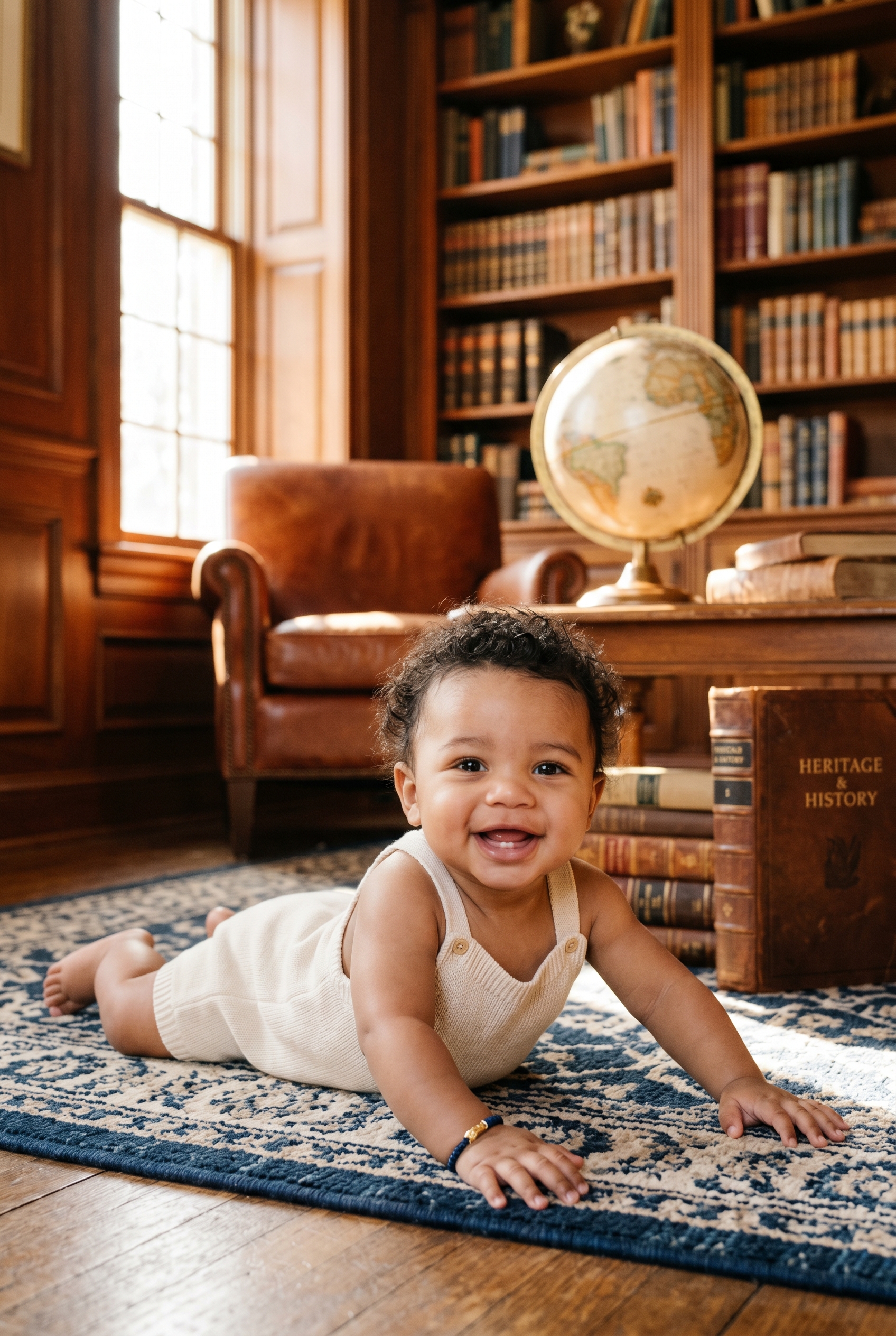 Baby Boy in a sun-drenched wood-paneled study with leather furnishings and heritage books — 200+ Preppy Boy Names With That Old-Money Ivy League Feel