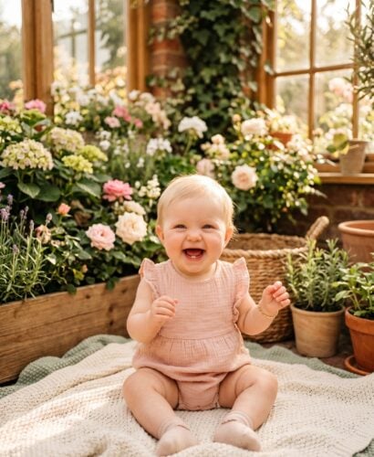 Baby Girl in a sunny garden room with blooming flowers and climbing ivy — Pretty Baby Girl Names That Are Simply Lovely