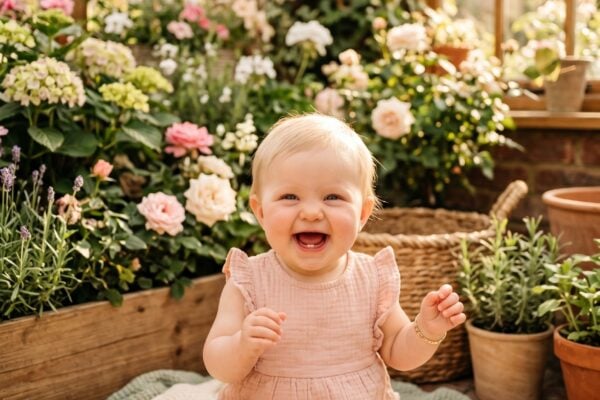 Baby Girl in a sunny garden room with blooming flowers and climbing ivy — Pretty Baby Girl Names That Are Simply Lovely