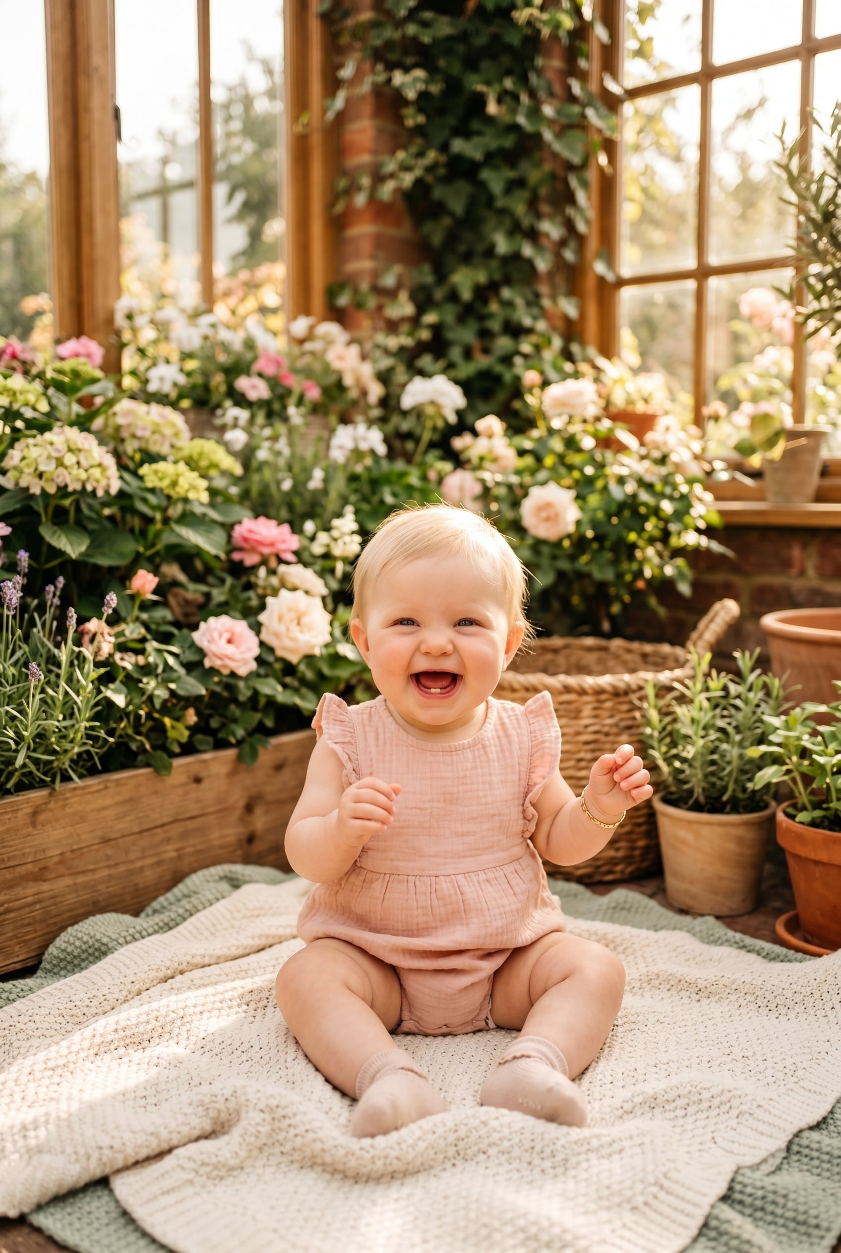 Baby Girl in a sunny garden room with blooming flowers and climbing ivy — Pretty Baby Girl Names That Are Simply Lovely