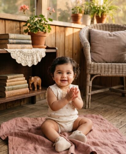 Baby Girl in a sun-warmed vintage porch with natural wood and wicker — 200+ Retro Baby Girl Names Making a Chic Comeback
