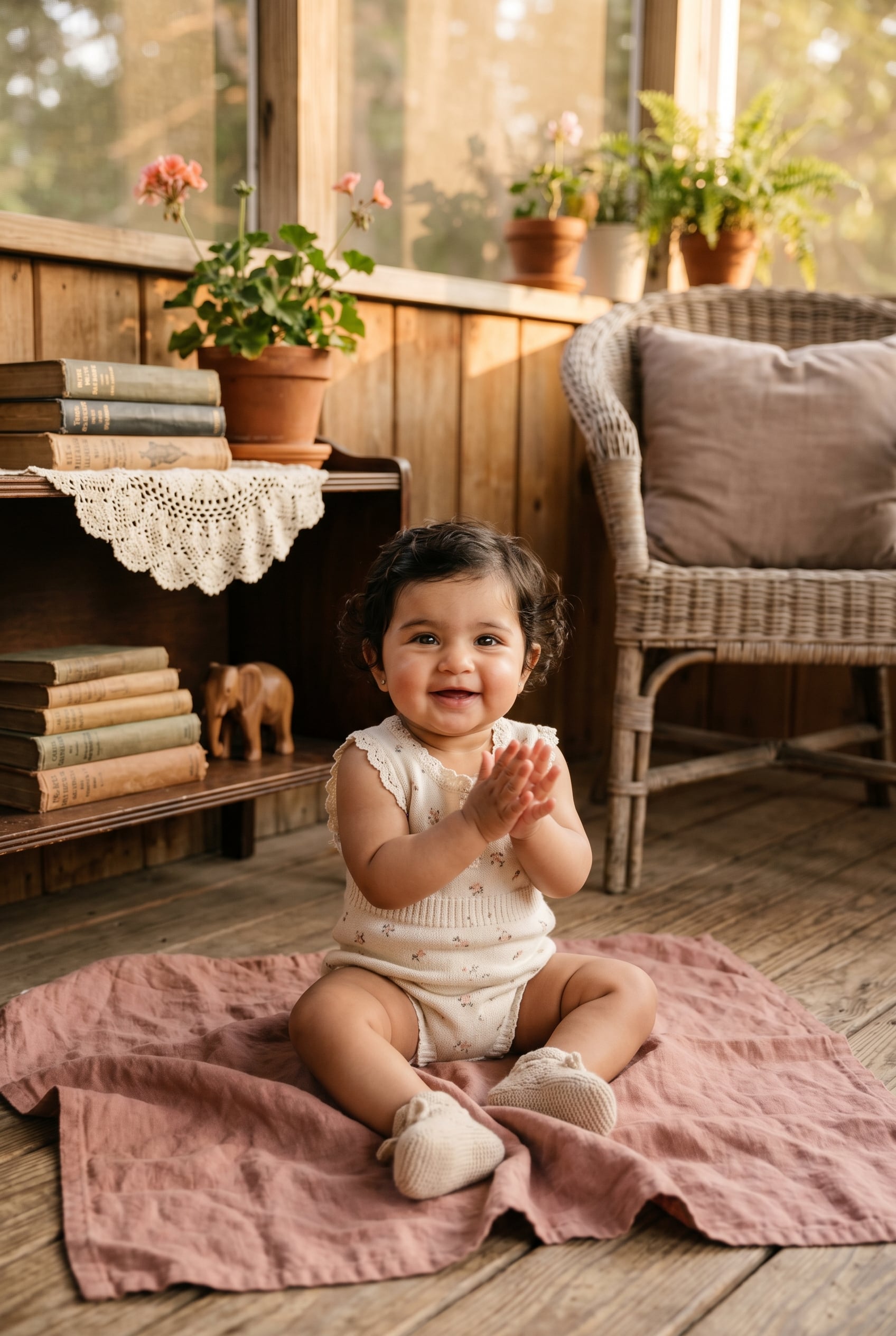 Baby Girl in a sun-warmed vintage porch with natural wood and wicker — 200+ Retro Baby Girl Names Making a Chic Comeback