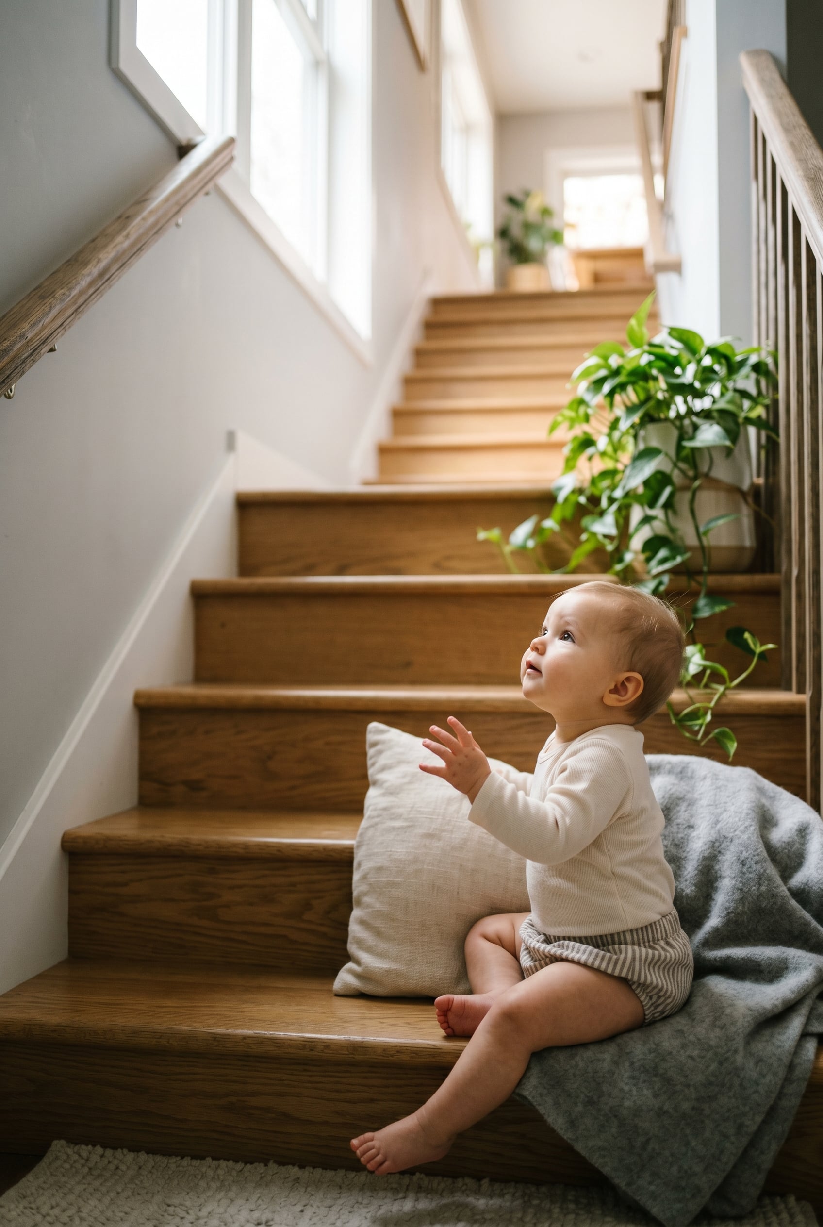 Baby in a sunlit modern staircase ascending to a bright upper level — Rising Baby Names Climbing the Charts