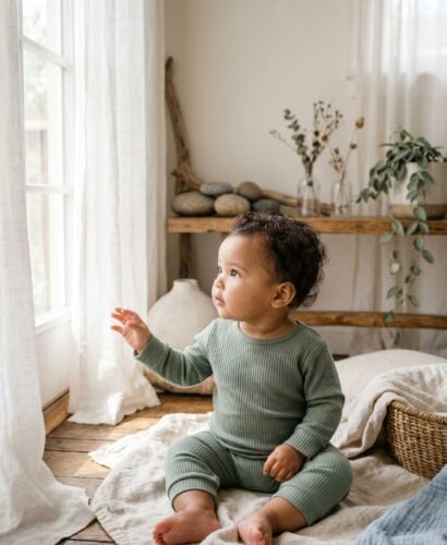 Baby Girl in a sunlit room with flowing sheer curtains near tall windows — 200+ River Baby Names That Flow Beautifully