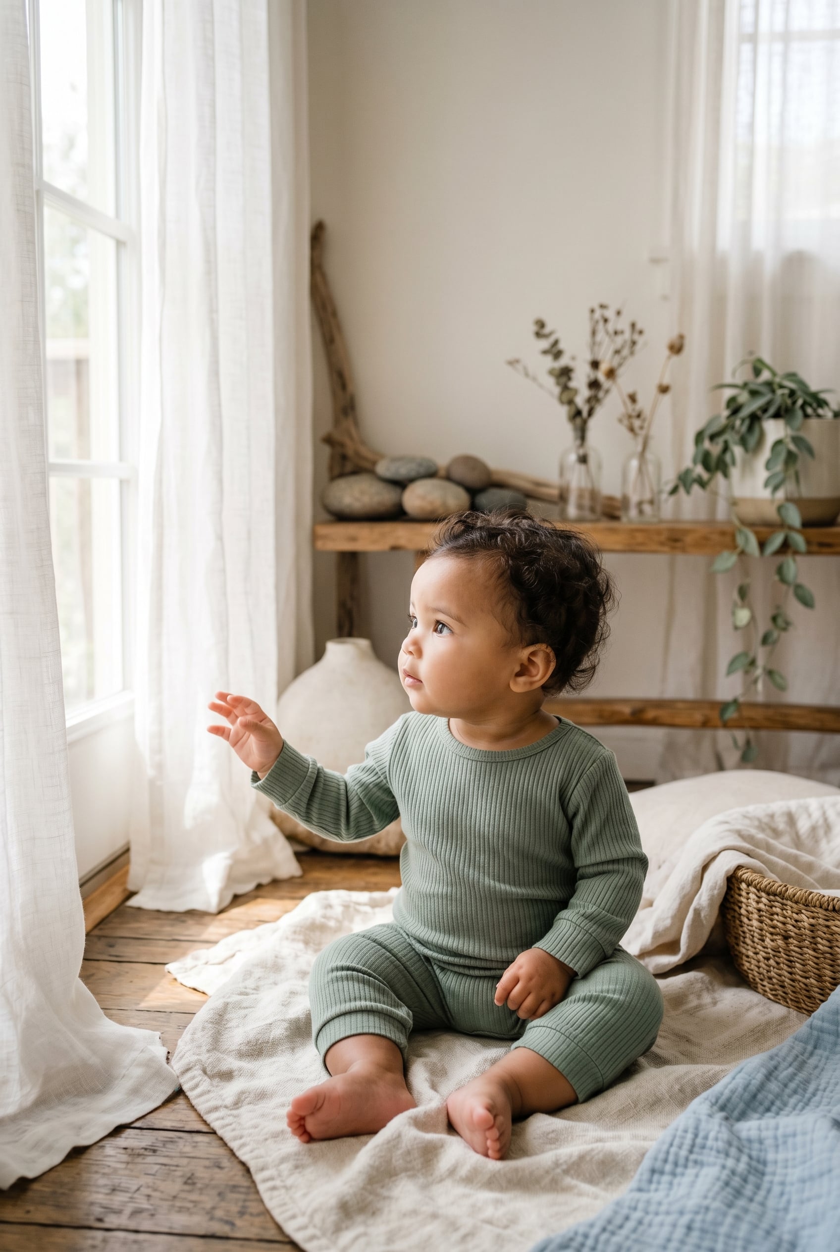 Baby Girl in a sunlit room with flowing sheer curtains near tall windows — 200+ River Baby Names That Flow Beautifully