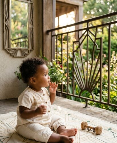 Baby Girl in a vintage porch with art deco geometric railings and garden — 200+ Roaring Twenties Baby Names From the Jazz Age