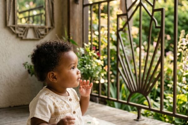 Baby Girl in a vintage porch with art deco geometric railings and garden — 200+ Roaring Twenties Baby Names From the Jazz Age