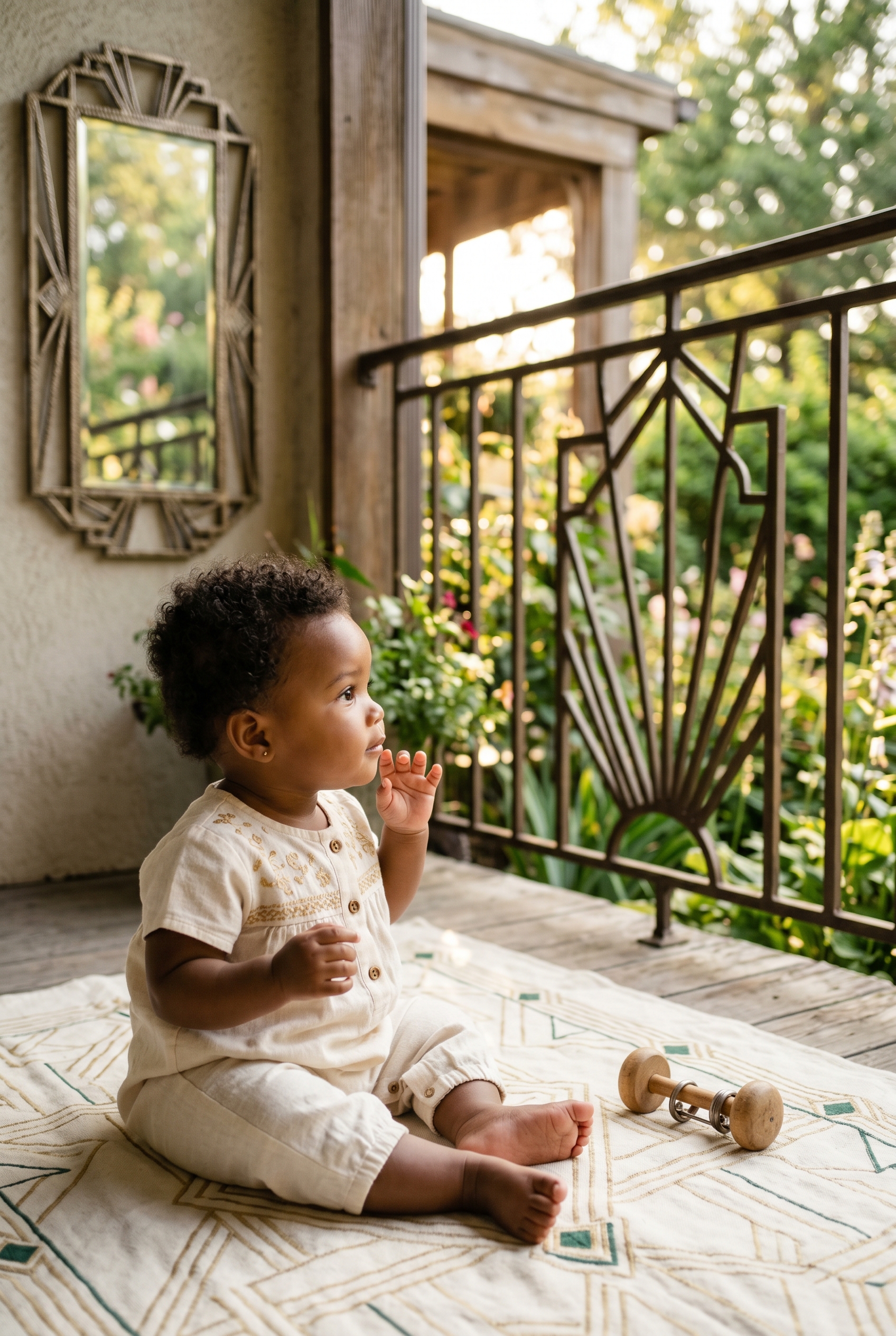 Baby Girl in a vintage porch with art deco geometric railings and garden — 200+ Roaring Twenties Baby Names From the Jazz Age