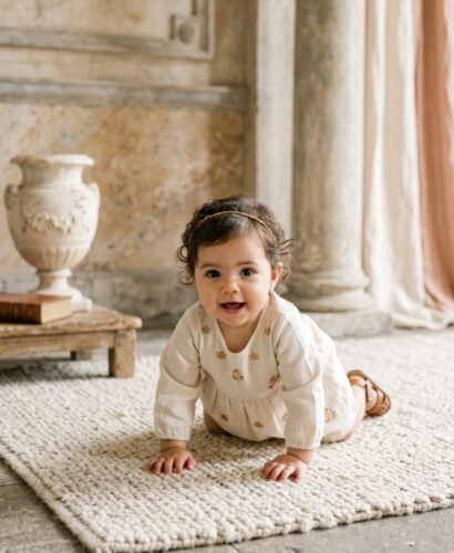 Baby Girl in a minimalist studio with soft marble backdrop and classical stone accents — 200+ Roman Mythology Baby Names — Ancient Power, Unmistakably Modern