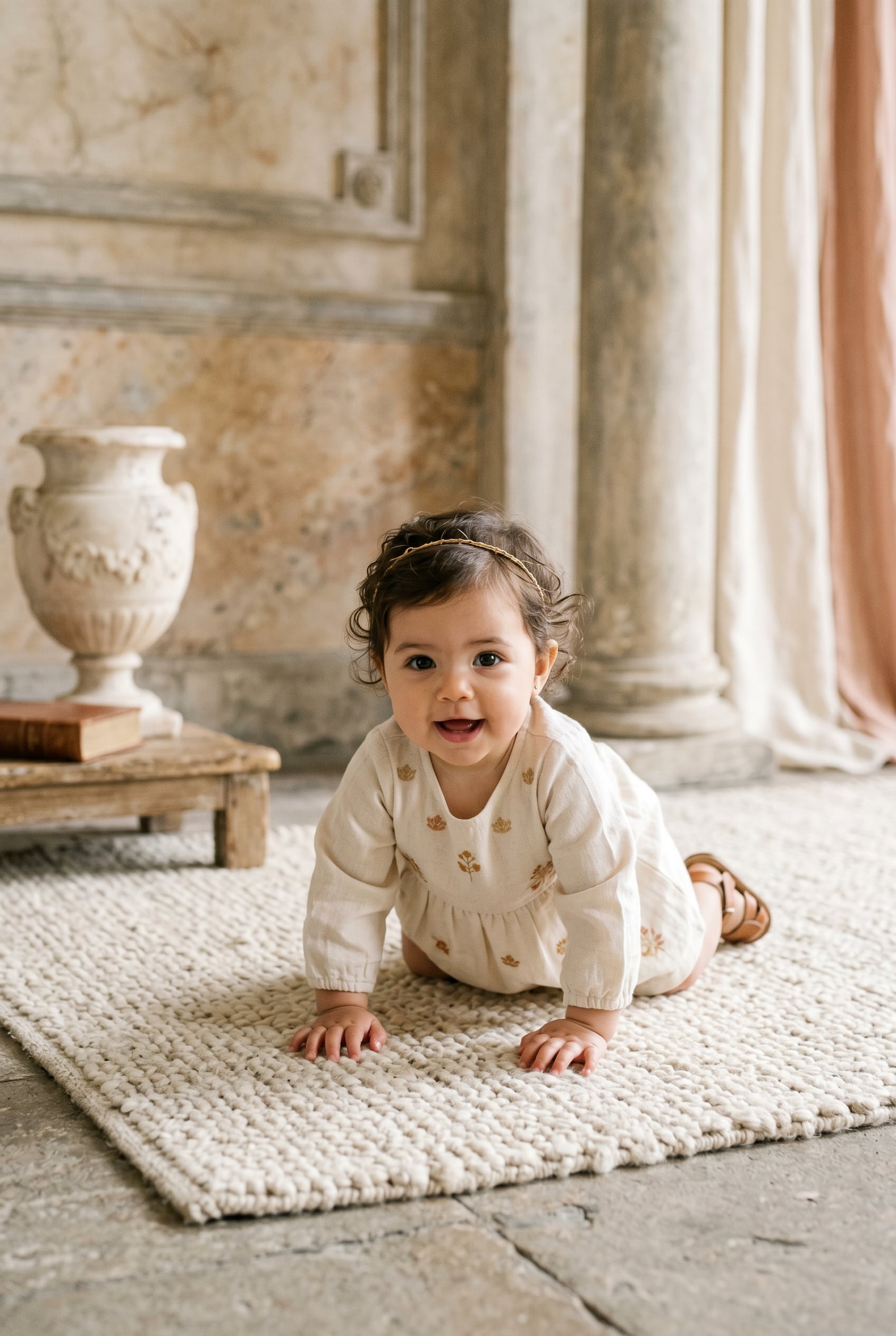 Baby Girl in a minimalist studio with soft marble backdrop and classical stone accents — 200+ Roman Mythology Baby Names — Ancient Power, Unmistakably Modern