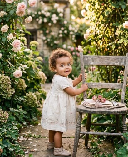 Baby Girl in an overgrown cottage garden with blooming roses and vines — Romantic Girl Names That Sound Like Love Letters