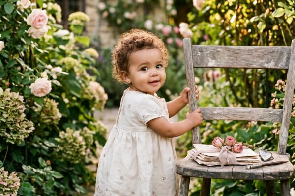 Baby Girl in an overgrown cottage garden with blooming roses and vines — Romantic Girl Names That Sound Like Love Letters