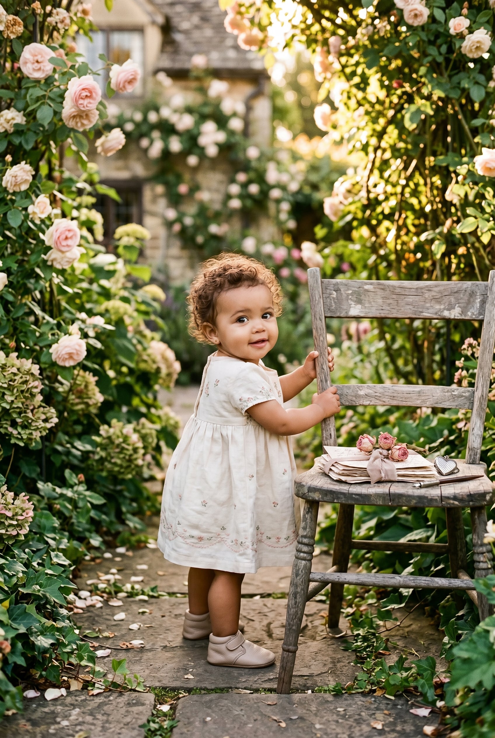 Baby Girl in an overgrown cottage garden with blooming roses and vines — Romantic Girl Names That Sound Like Love Letters